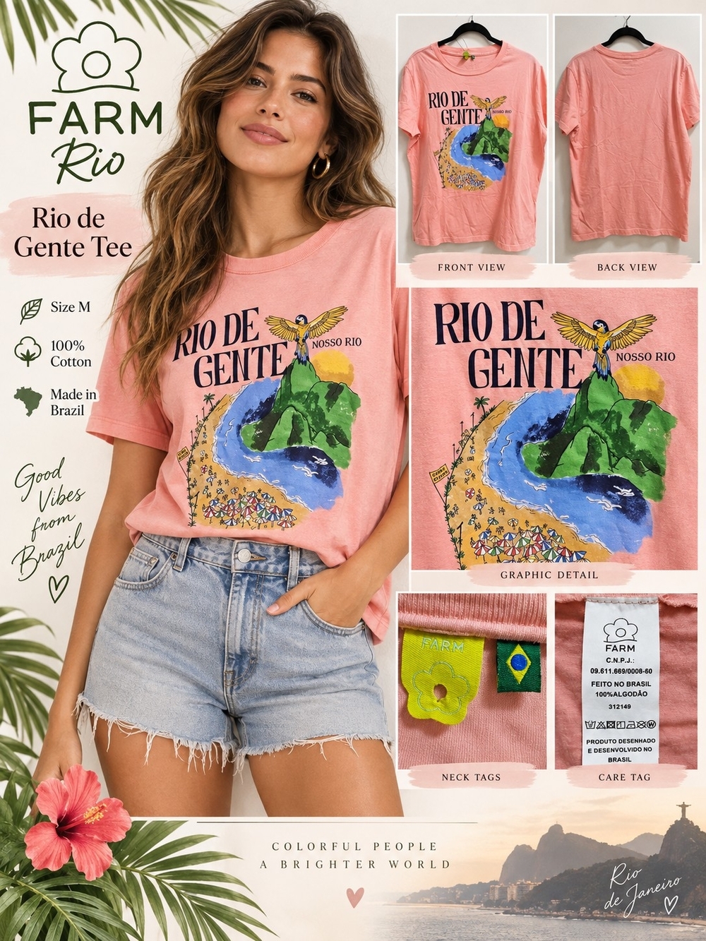 FARM Rio Rio de Gente Nosso Rio Graphic T Shirt Pink Size M Brazil